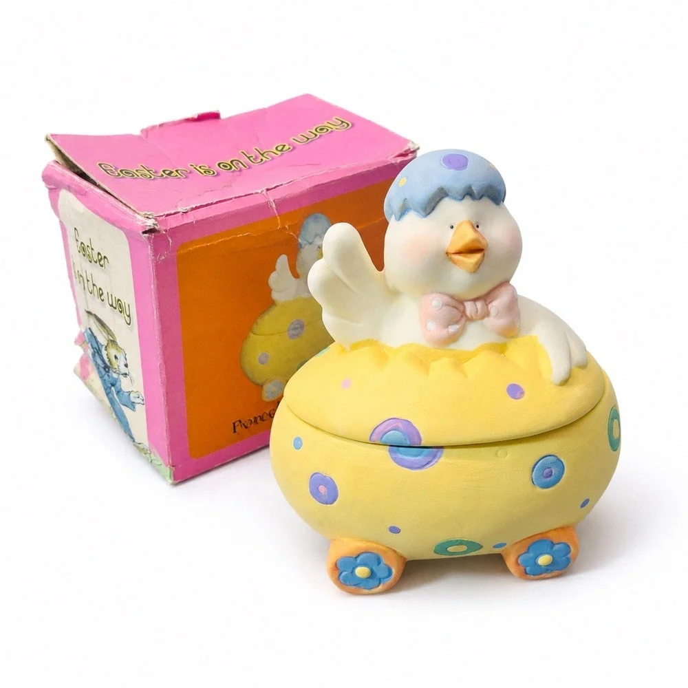 Vintage Porcelain Easter Egg Trinket Box Chick Figurine Pastel Spring Decor